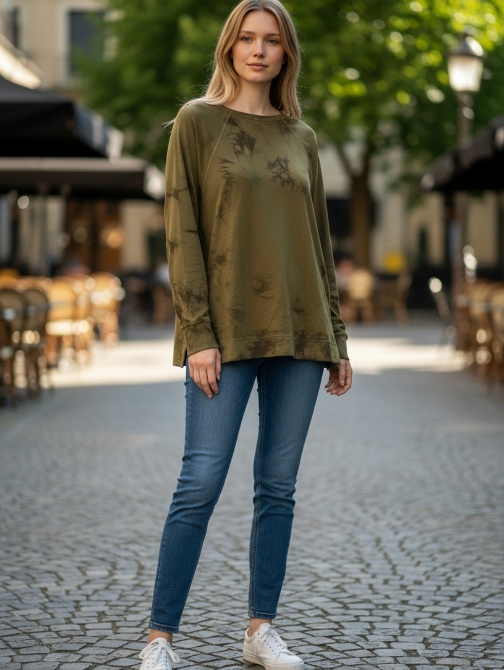 JoyLab Olive Green Tie-Dye Oversized Pullover